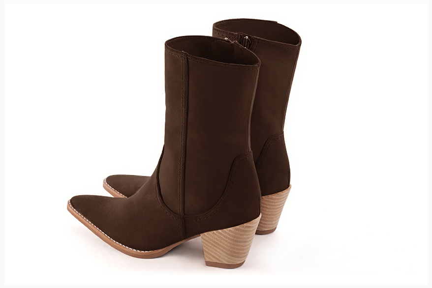 Dark brown women's ankle boots with a zip on the inside. Tapered toe. Medium cone heels. Rear view - Florence KOOIJMAN